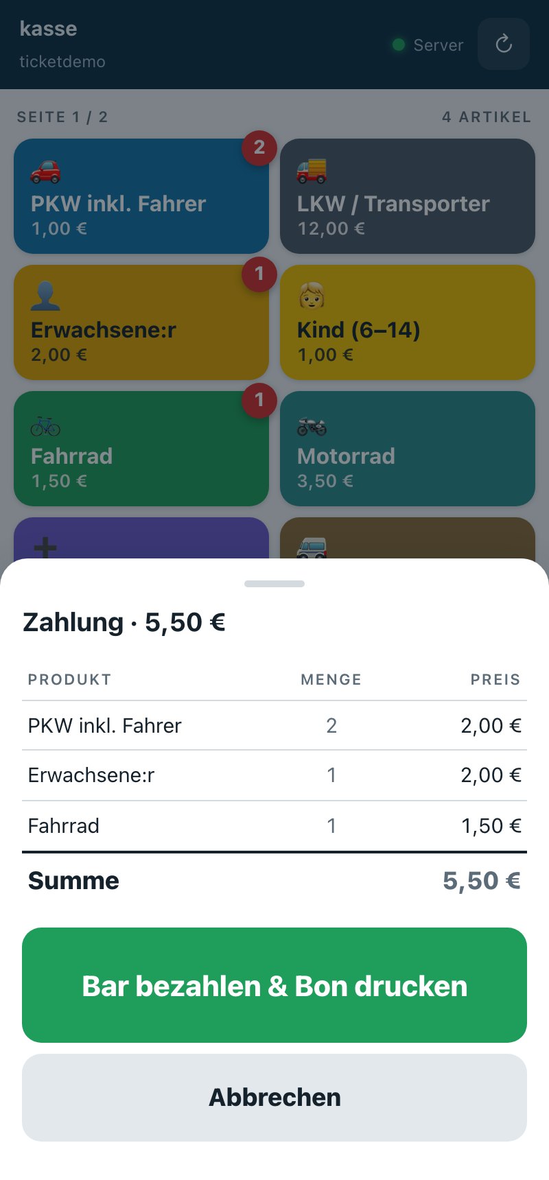 Echte Kassen-App: Zahlungs-Übersicht
