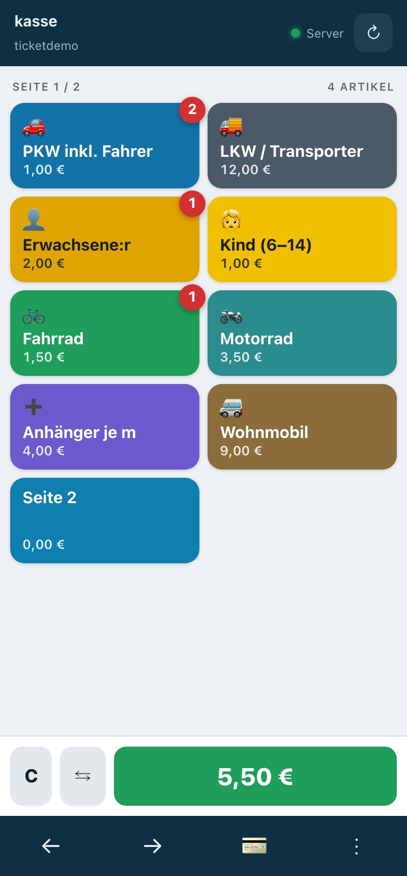 Echte Kassen-App: Verkaufsansicht mit Produkt-Kacheln