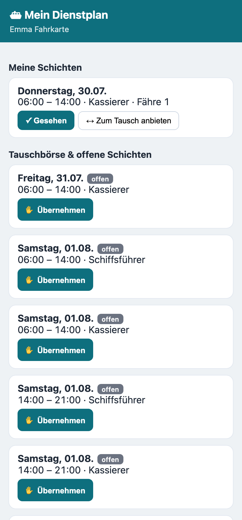 Mitarbeiter-Portal im Handy-Browser: eigene Schichten mit Gesehen-Bestätigung und Tauschbörse mit Übernehmen-Knopf
