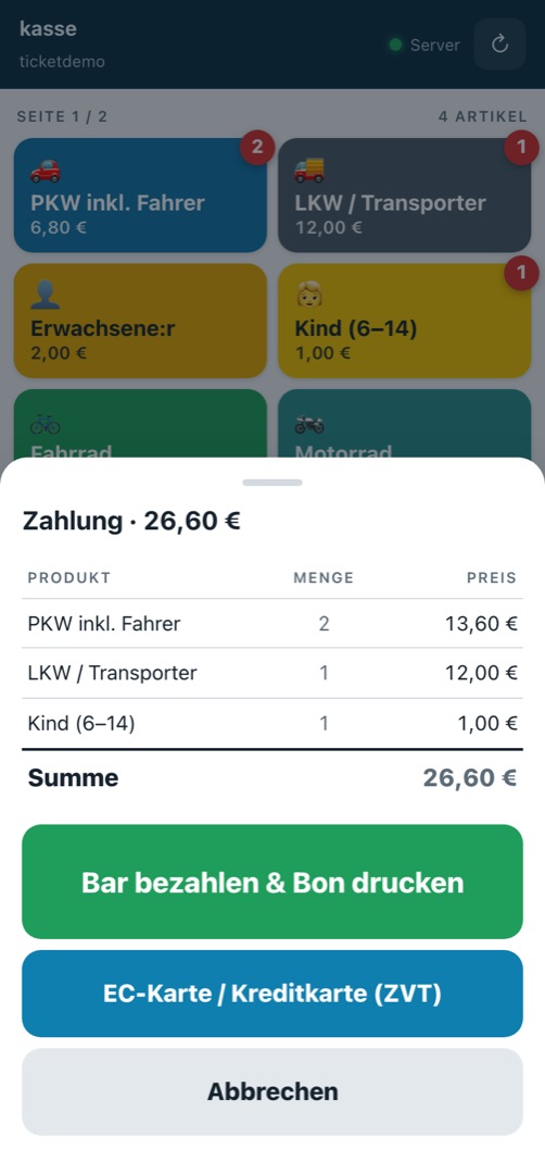 Bezahlansicht mit Zahlarten