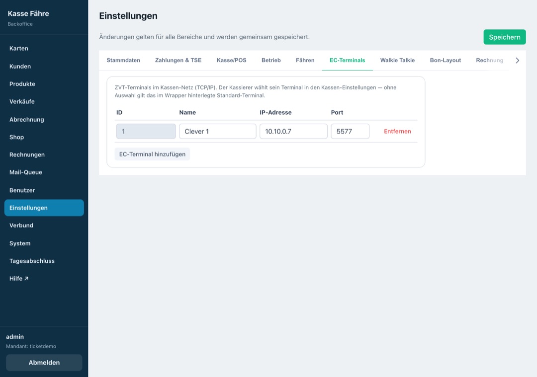 EC-Terminal-Einstellungen: ZVT und Adyen