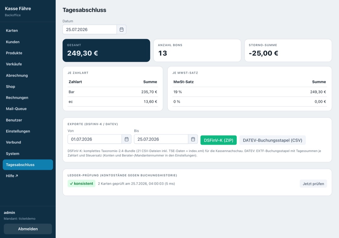 Tagesabschluss mit DSFinV-K- und DATEV-Export