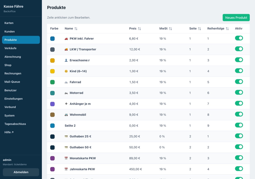 Produkte und Preise im Backoffice
